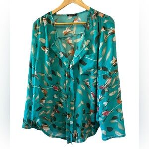 Teal DEPRI Bird print blouse LARGE